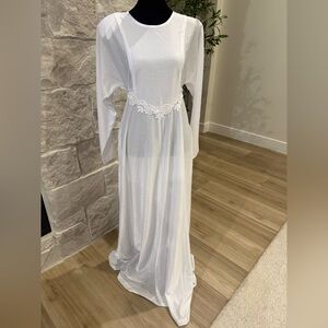 White Long Sleeve Temple Dress with Floral Detail